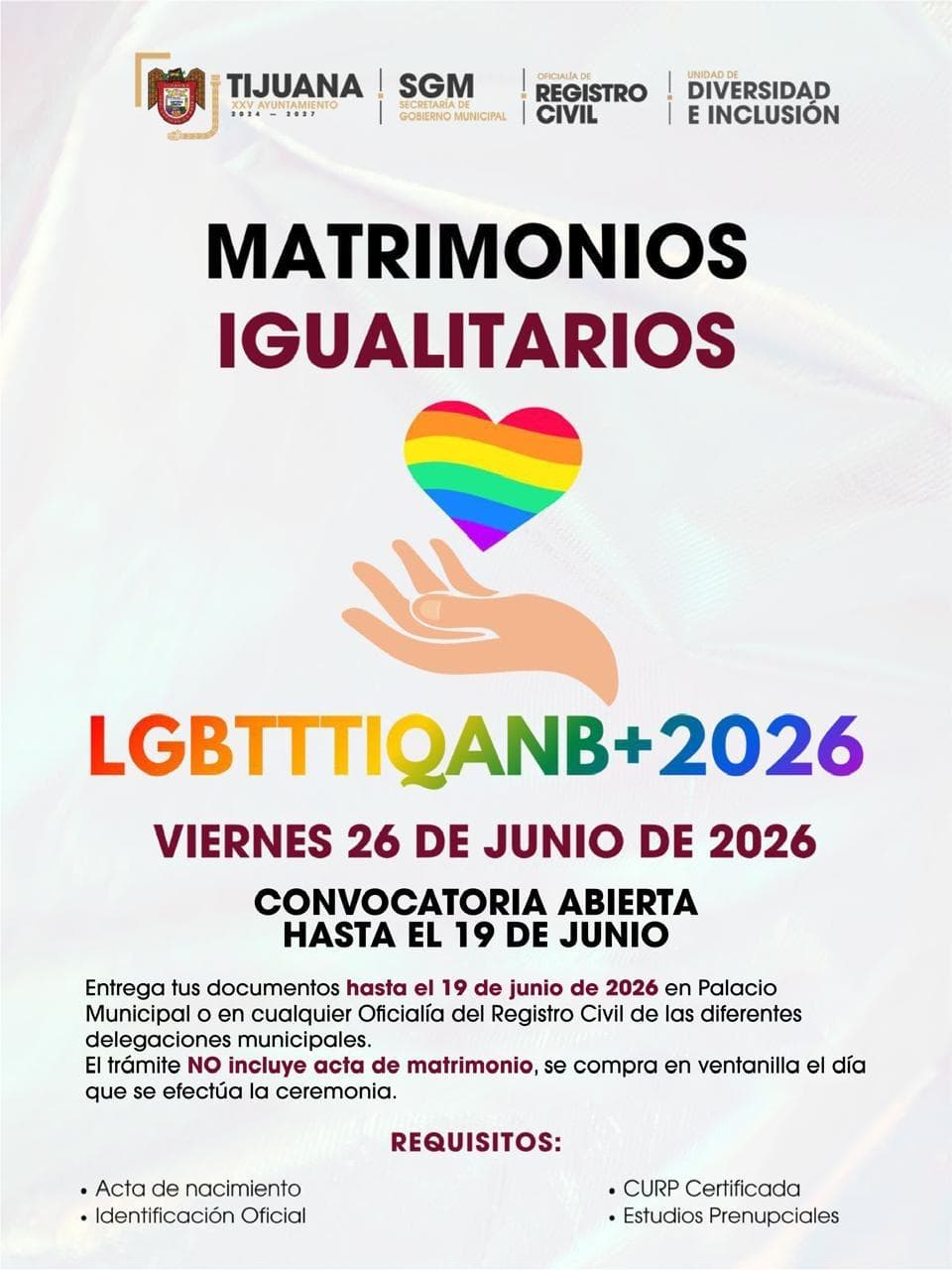 Cartel informativo sobre Matrimonios Colectivos LGBTTTIQANB+ 2026 en Tijuana, con requisitos y fechas de registro.