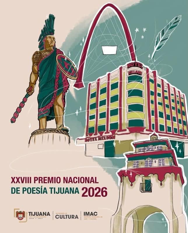 Ilustración que combina elementos representativos de Tijuana, como una estatua, un edificio y un arco, anunciando el XXVIII