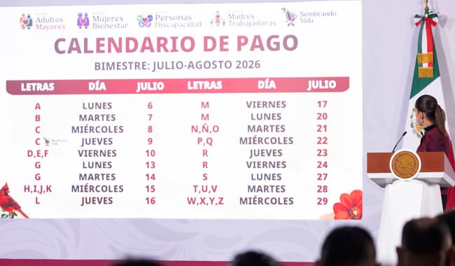 Calendario de pago para pensiones y programas de bienestar correspondiente al bimestre julio-agosto de 2026, presentado en conferencia.