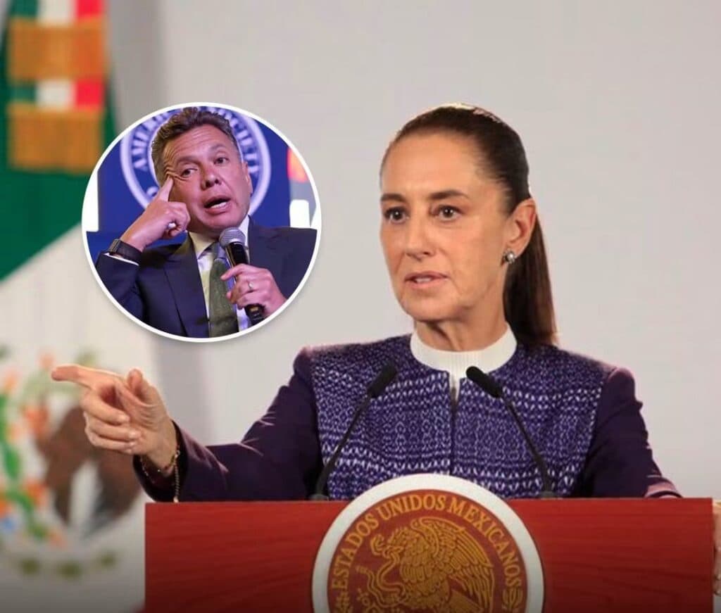 Claudia Sheinbaum durante una conferencia, señalando con firmeza mientras se observa a Pablo Lemus en un recuadro,