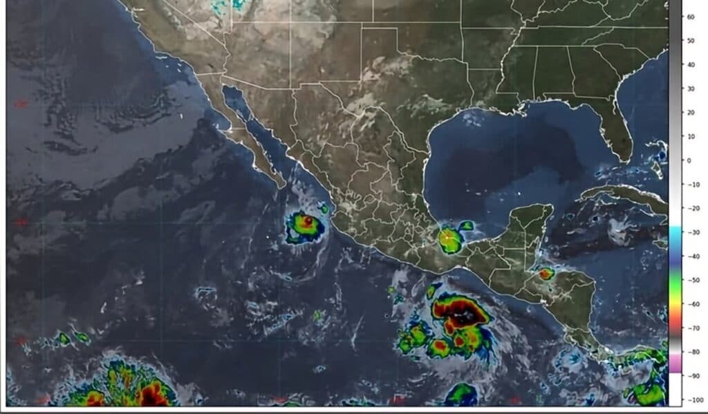 Mapa satelital del océano Pacífico mostrando la trayectoria de la tormenta tropical Trudy y otros fenómenos meteorológicos cerca de México.