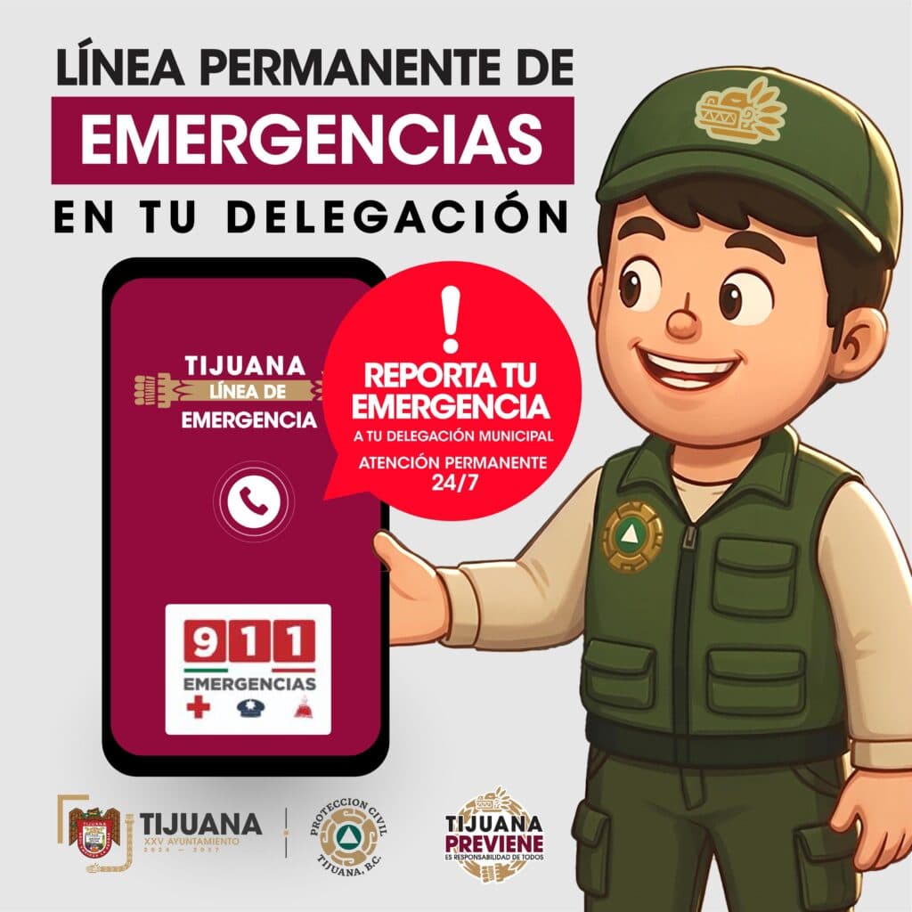 Personaje animado con uniforme de emergencia sostiene un teléfono móvil mostrando la línea de atención 911 para reportes en Tijuana.